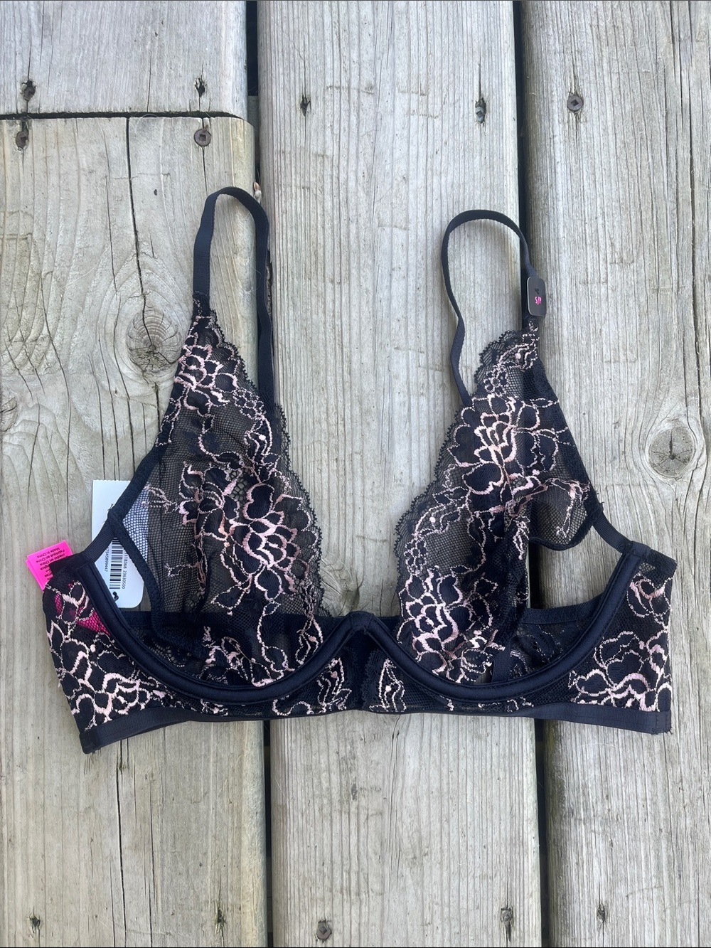 NWT La SENZA Black Lace Bralette with Blush Floral Embroidery Size Small
